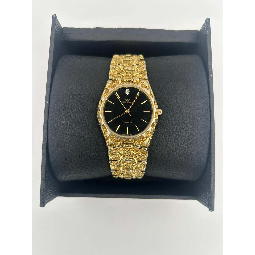Vintage Waltham XG 402 012 Mens Gold Tone Quartz Watch Black Dial Textured Band